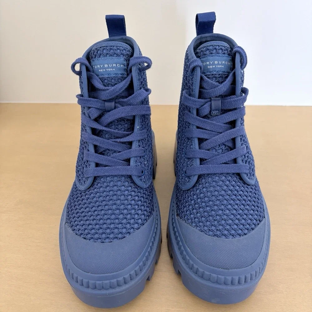 Tory Burch Camp‎ Sneaker Boot Blue Suede Canvas Lace Up Boots Size 6.5 Luxury